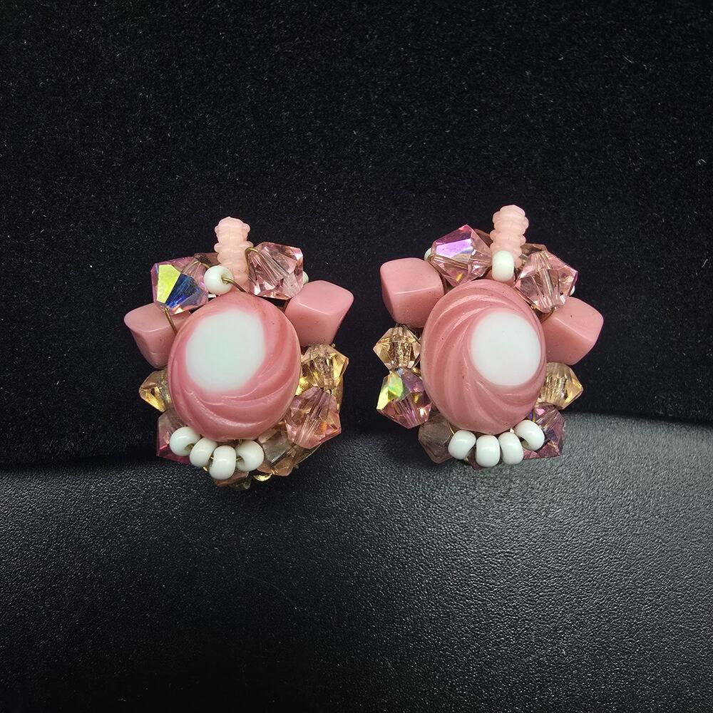Pink Glass Aurora Borealis Beaded Clip On Earrings Vintage Costume Jewelry